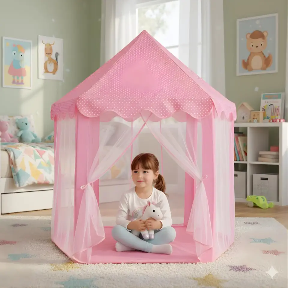 Barraca Infantil Casinha Cabana Crianças Castelo das Princesas Fácil Montar 140 x135 (Rosa)