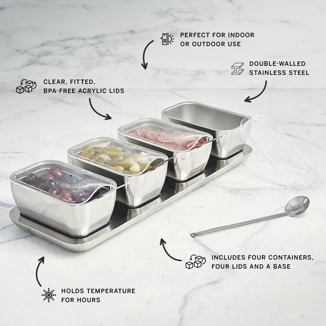 Frontgate Super Chill Insulated Stainless Steel Condiment Server, 4-Section Cold Food Serving Tray with Lids, Double-Wall, Ice-Free Gel Cooling