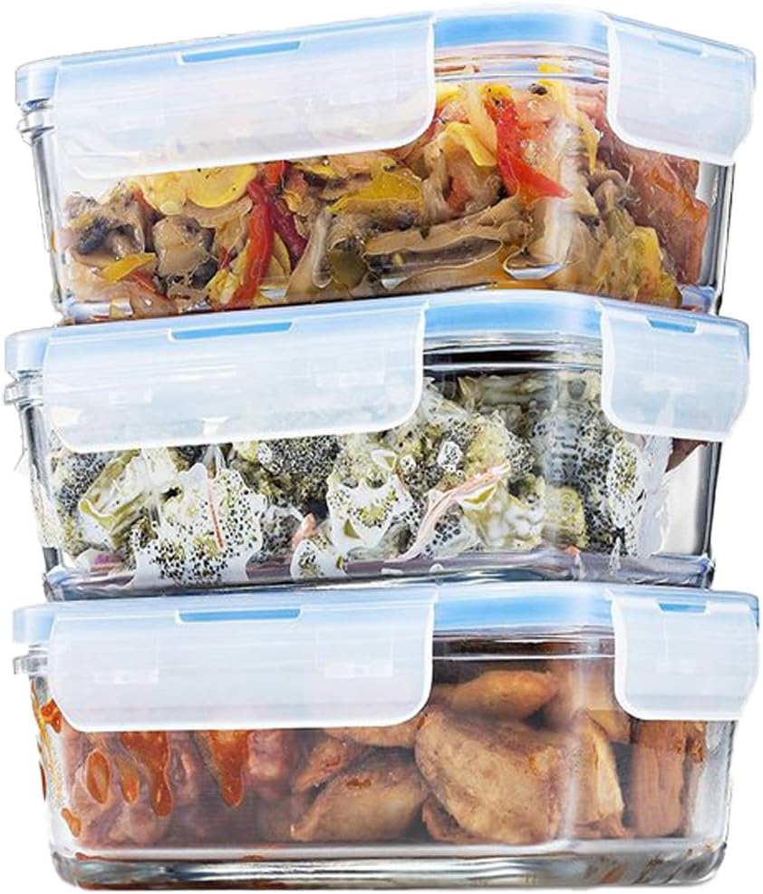 Airtight Glass Food Storage Containers with Lids - 3 Pack 100% Leak Proof BPA Free, Freezer to Oven Safe, Glass Meal Prep Lunch Box Takeaway - 828ml