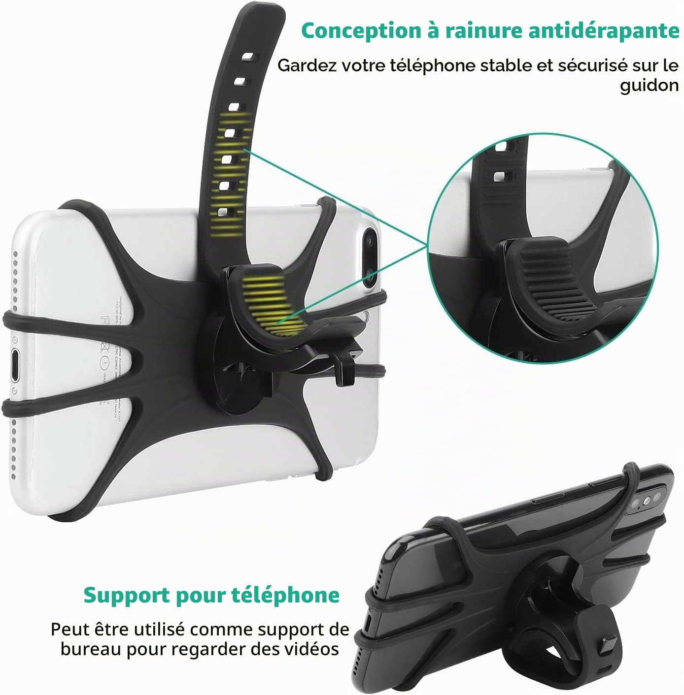 Support en silicone pour téléphone portable pour vélo, universel, rotatif à 360°, compatible avec iPhone SE/11/12/13/14 Pro Max/X/XS MAX/XR/8'' à 6,5'' Smartphones