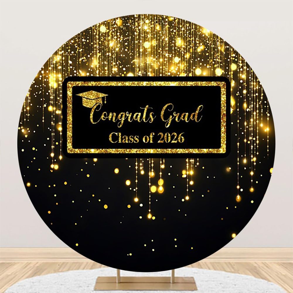 Leowefowa Graduation Round Backdrop Cover 7.2x7.2ft Congrats Grad Class of 2026 Round Backdrop Cover Glittering Gold Graduate Arch Backdrops Grad