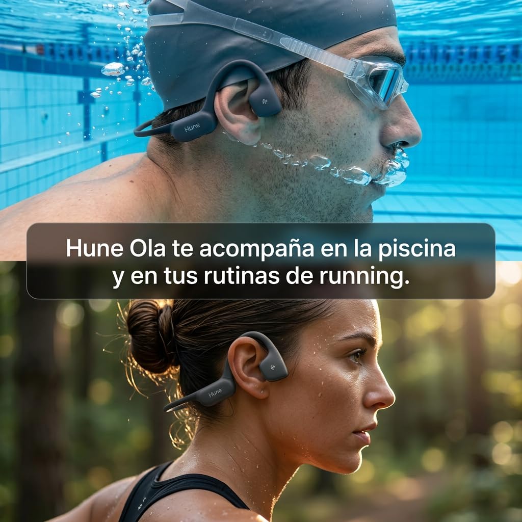 HUNE Ola - Cuffie a conduzione ossea, IP68, per nuoto e corsa, Bluetooth 6, orecchio aperto, autonomia 9h, ricarica rapida, memoria da 32 GB, plastica riciclata