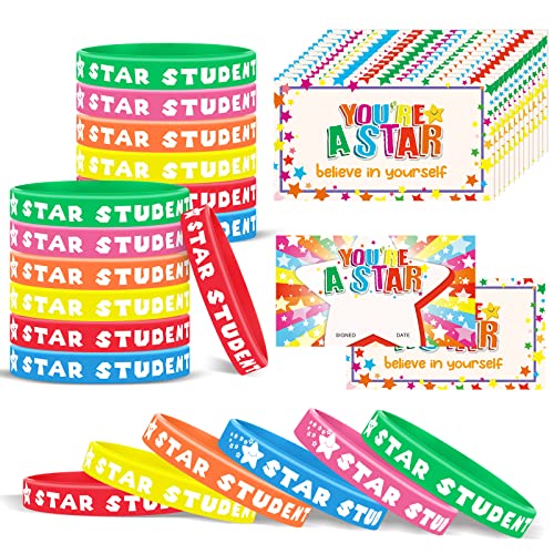 84 Pcs Star Student Wristbands Set 42 You're a Star Awards Award Certificates for Students 42 Colored School Silicone Wristbands Reward Bracelets for Students Classroom Teacher Recognition Office