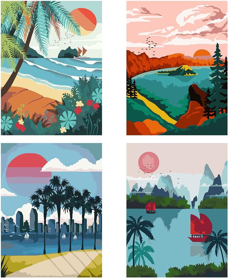 LWZAYSPaint by Number for Adults,Beach Paint by Numbers,without Frame DIY Oil Painting Acrylic Paints for Wall Art（4 Pack 12x16 in）