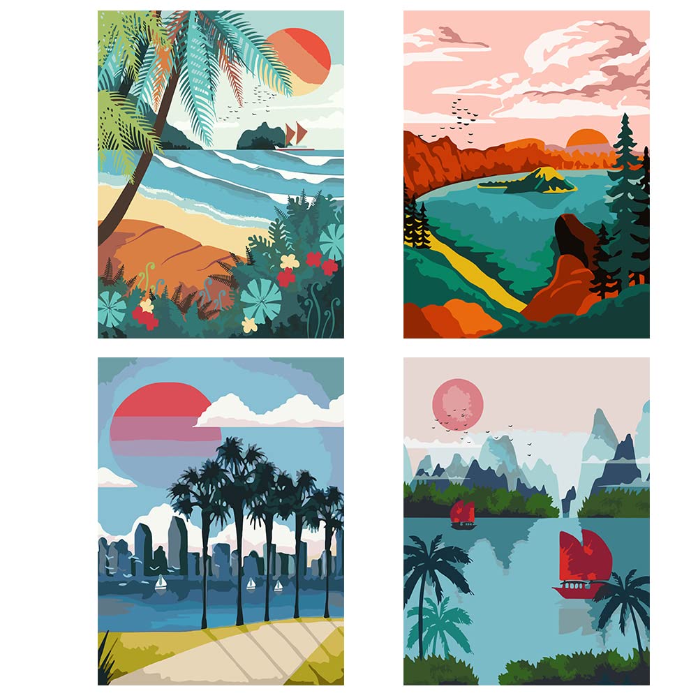 LWZAYSPaint by Number for Adults,Beach Paint by Numbers,without Frame DIY Oil Painting Acrylic Paints for Wall Art(4 Pack 12x16 in)