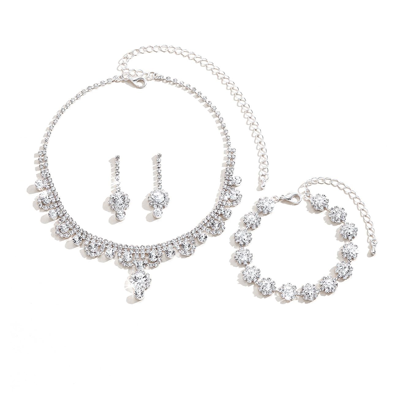 TOEECY Conjunto de Joyas Novia Cristal Collar Diamantes de Imitación de Plata Pulsera Pendientes Juegos de Joyas para Mujer Boda