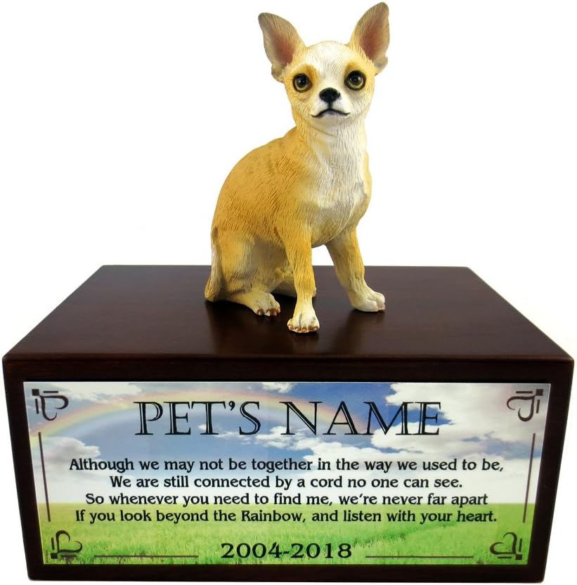 Conversation Concepts Beautiful Paulownia Small Wooden Urn with White & Tan Chihuahua Figurine & Personalized Pewter Engraving