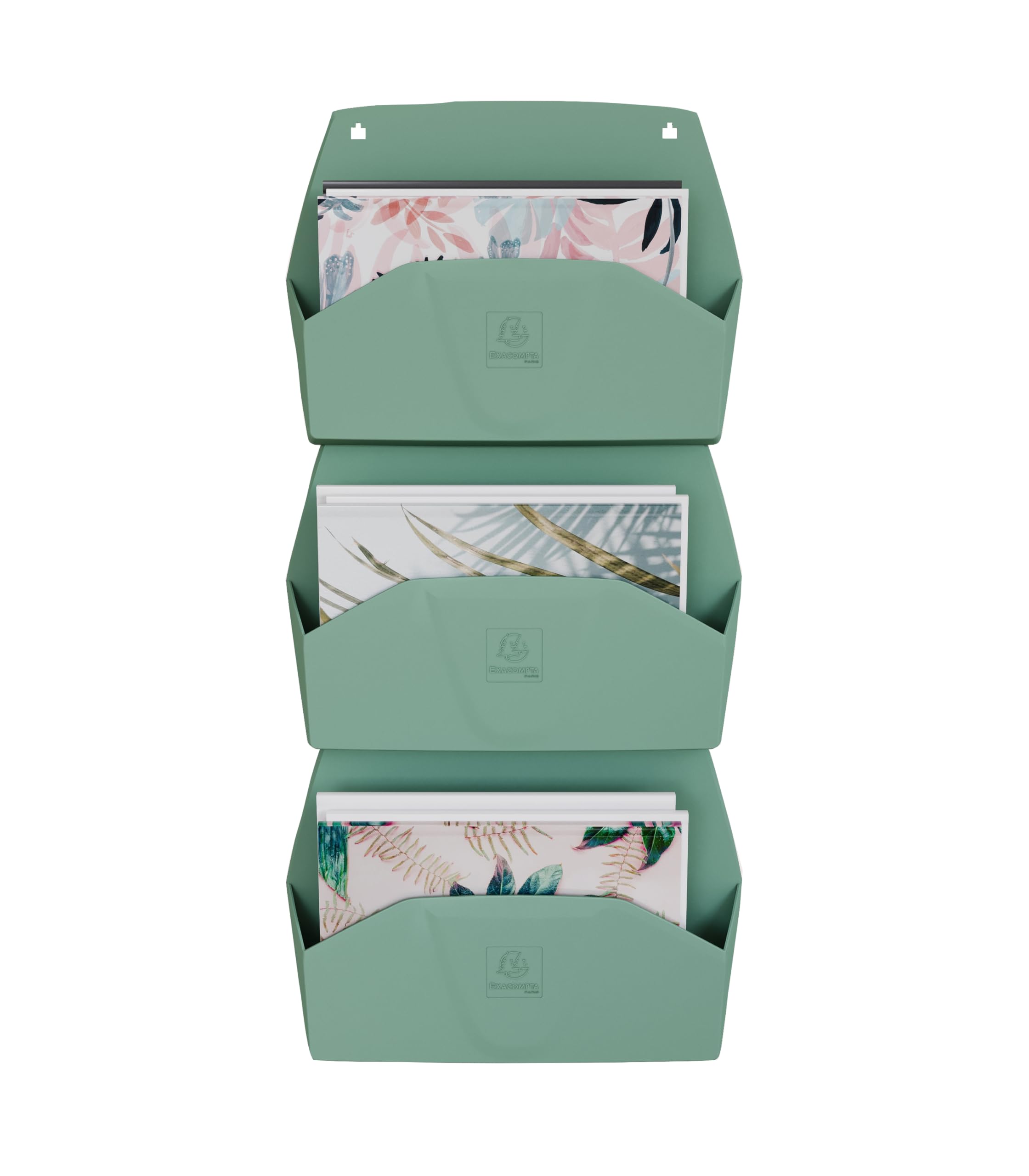 Exacompta - Ref 61180D - Box of 3 Horizontal wall sorters 3 compartments AUTENTIK, A4 wall displays, Document Holders, wall Bins - Dimensions: D 43.6 x W 39.6 x H 10.2 cm - Sage Green
