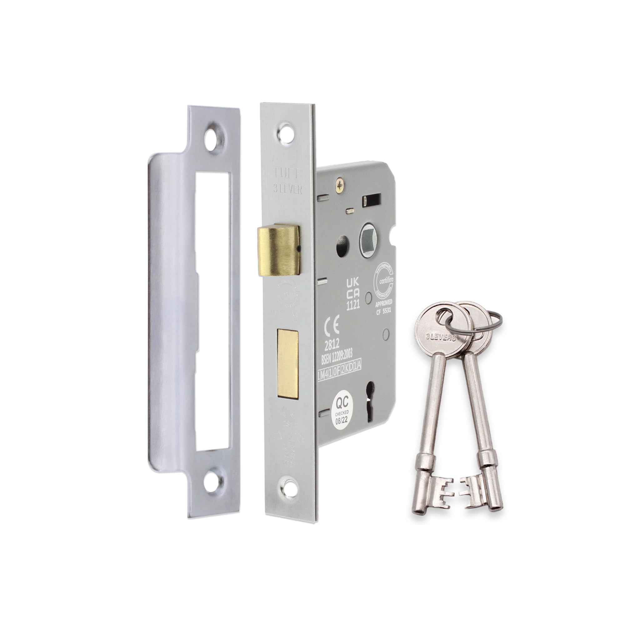 Fire Rated Door Sash Locks CE BS Rated Mortice 3 Lever 63mm or 75mm (Satin Chrome, 63mm)