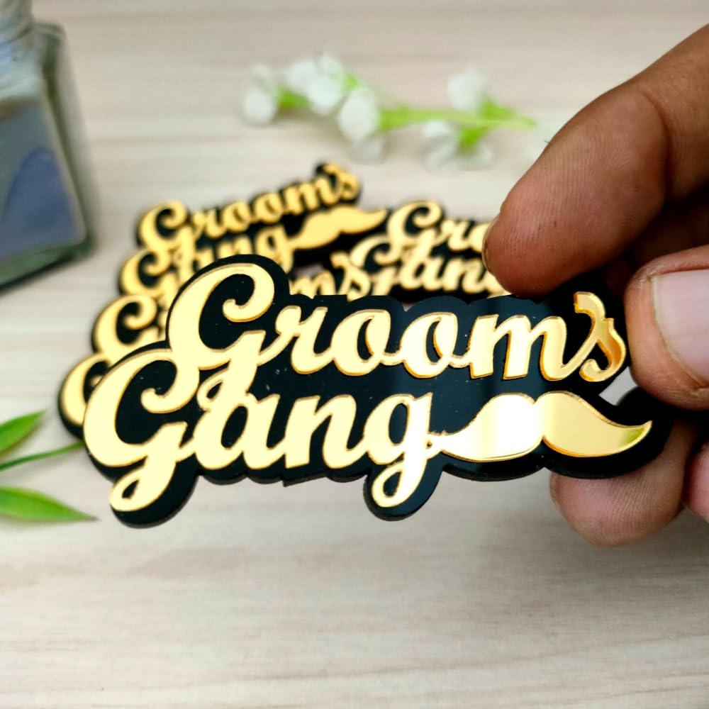 Yey Groom's Gang Acrylic Badges Set of 12 pcs, Black Golden badges for Bachelor Party, Wedding Functions, Sangeet Parties (Black and Gold)-image-30