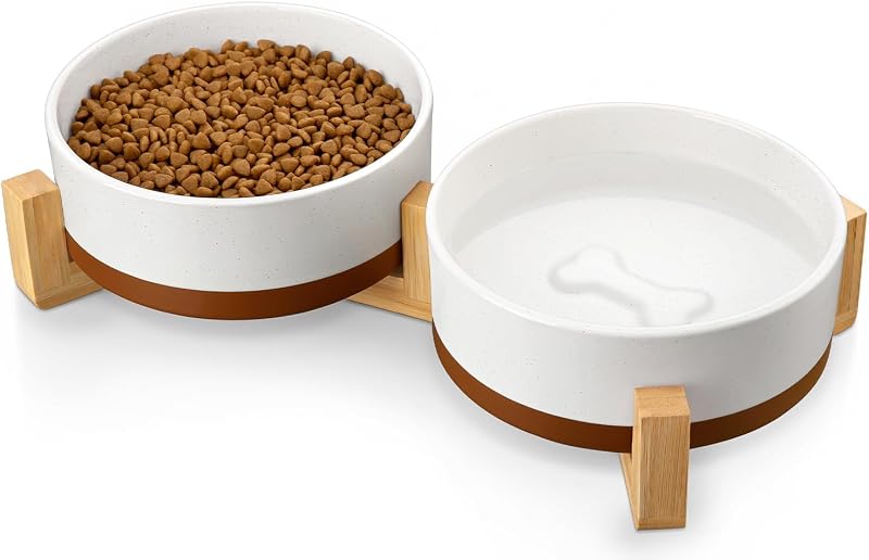 Tigelas de Cerâmica para Cães com Suporte de Madeira MALACASA TARA, 3,5 xícaras, 34 oz