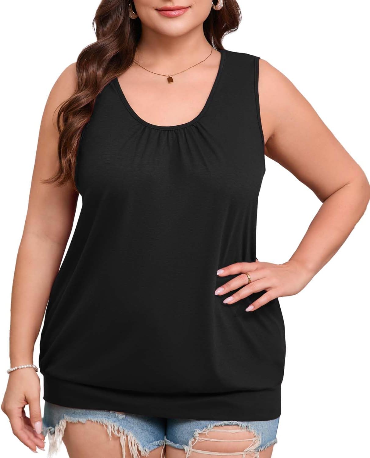 Women's Plus Size Summer Tank Tops Loose Fit Pleated Crew Neck Sleeveless Tops with Banded Bottom for Curvy Women