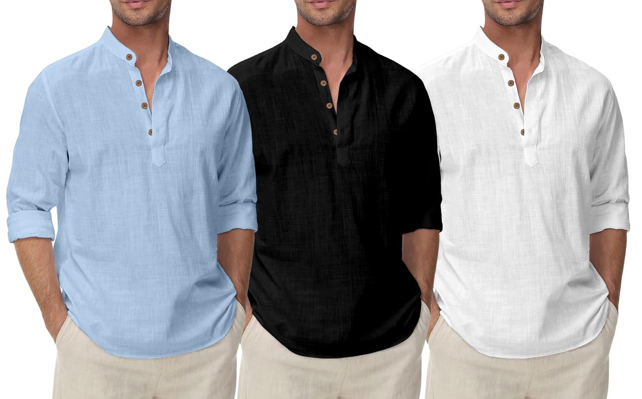 clothing veda Combo Cotton Blend Mens Kurta Shirt Solid Color, Mandarin Collar Short Kurta Full Sleeve, Regular Fit Ethnic Casual Wear (Pack of 3)-picture-10