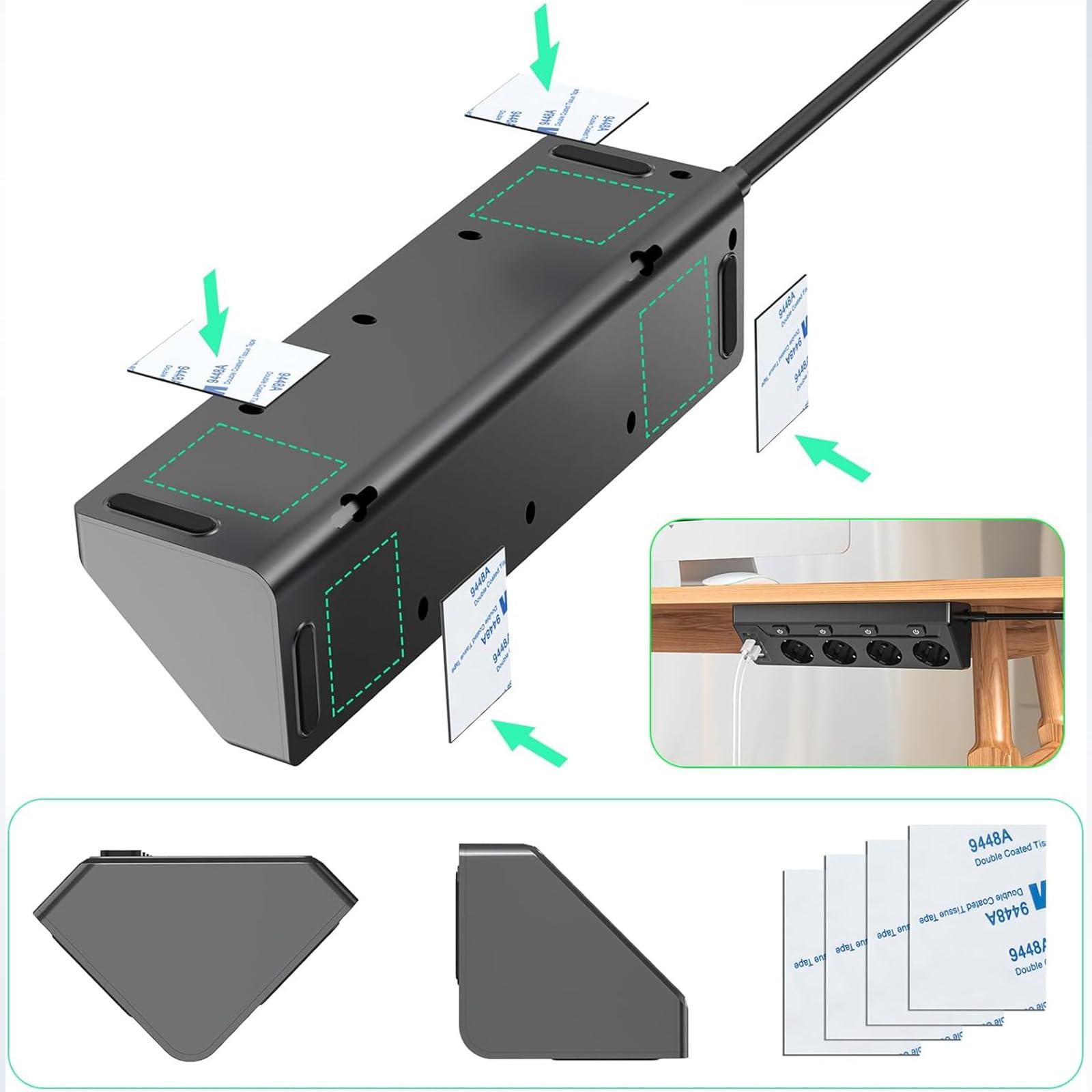 Listwa zasilająca z 2 gniazdami USB A i 2 typu C, 4 gniazda, pojedynczy przełącznik, listwa zasilająca z przedłużaczem 2 m, do biurka, narożniki, czarna