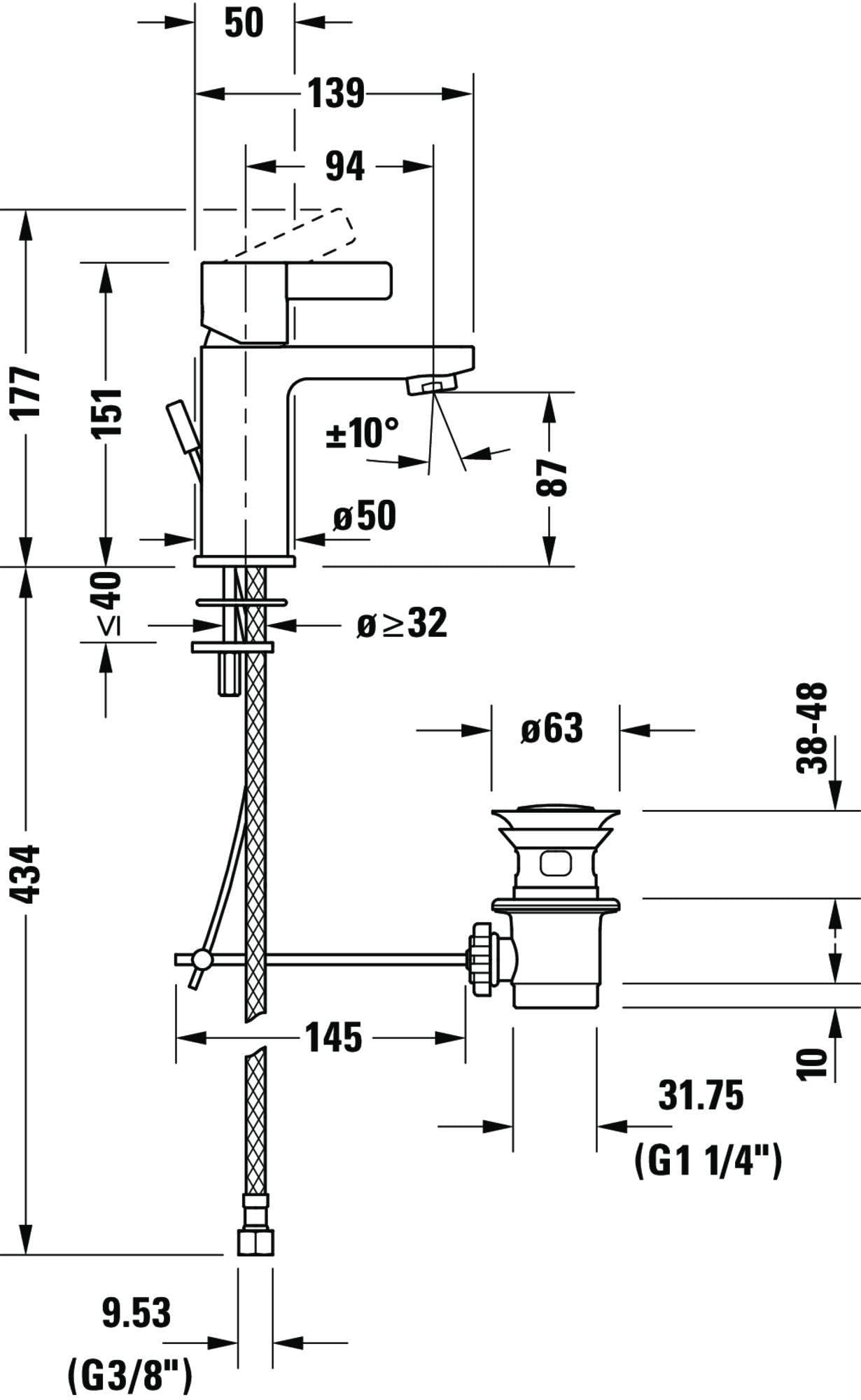 Duravit D-Neo bateria umywalkowa, rozmiar S (wysokość wylotu 87 mm). Kran łazienkowy z zestawem odpływowym z drążkiem pociągowym, z energooszczędną funkcją FreshStart, chrom