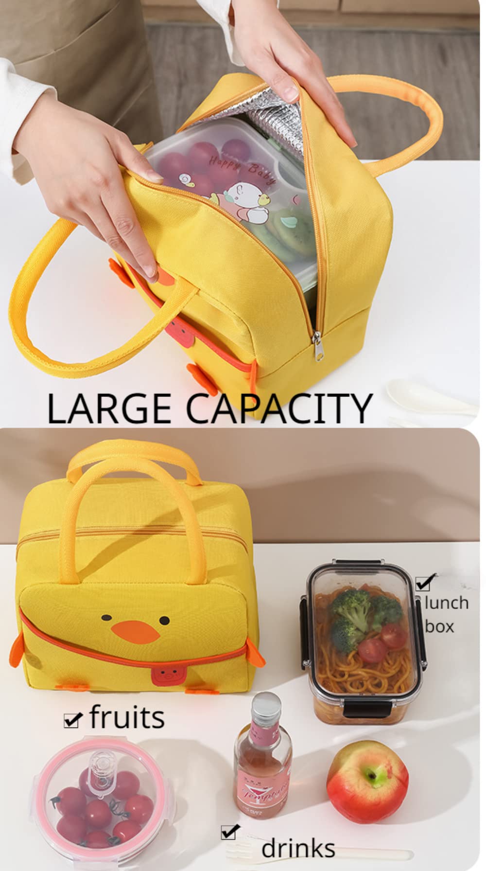 AtbeTa 3D Cute Duck Lunch Bag Large Bento Box Container Insulated
