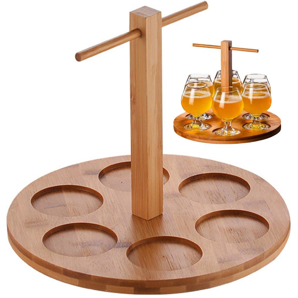 Plateau de service pour bière en bois avec 6 compartiments pour verre de dégustation