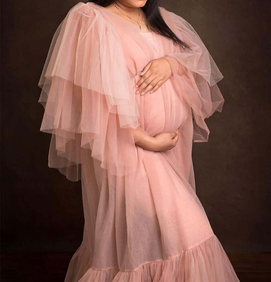 Maternity Dress for Photoshoot with Puffy Sleeves Pregnancy Maxi Gown for Baby Shower