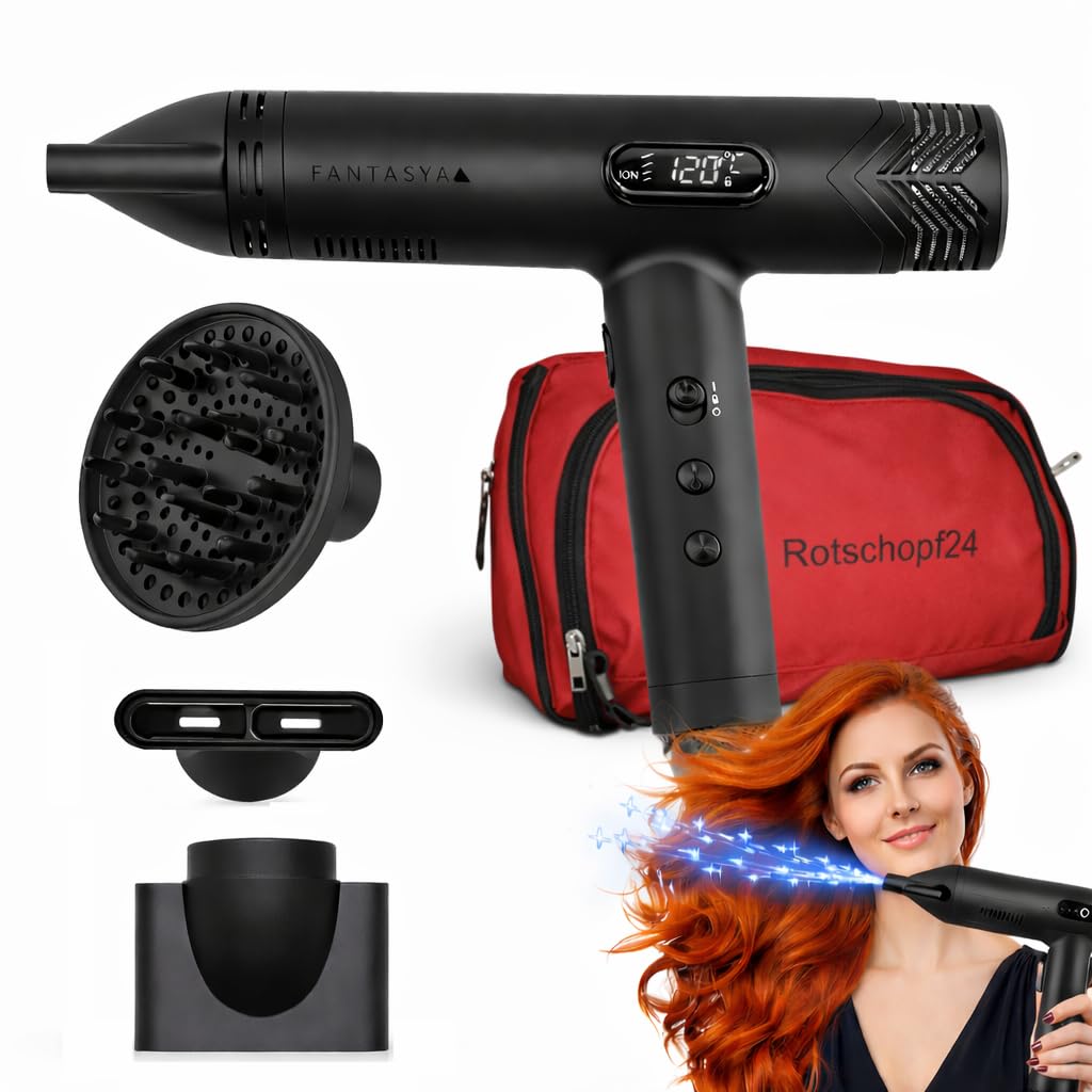 Rotschopf24 Efalock FANTASYA High Speed Haartrockner, Ionen Föhn + Tasche | 1800 W, Brushless-Motor, 4 Temperatur- und 4 Gebläsestufen, 29,7 l/s Luftdurchsatz mit Diffusor und Düsen.