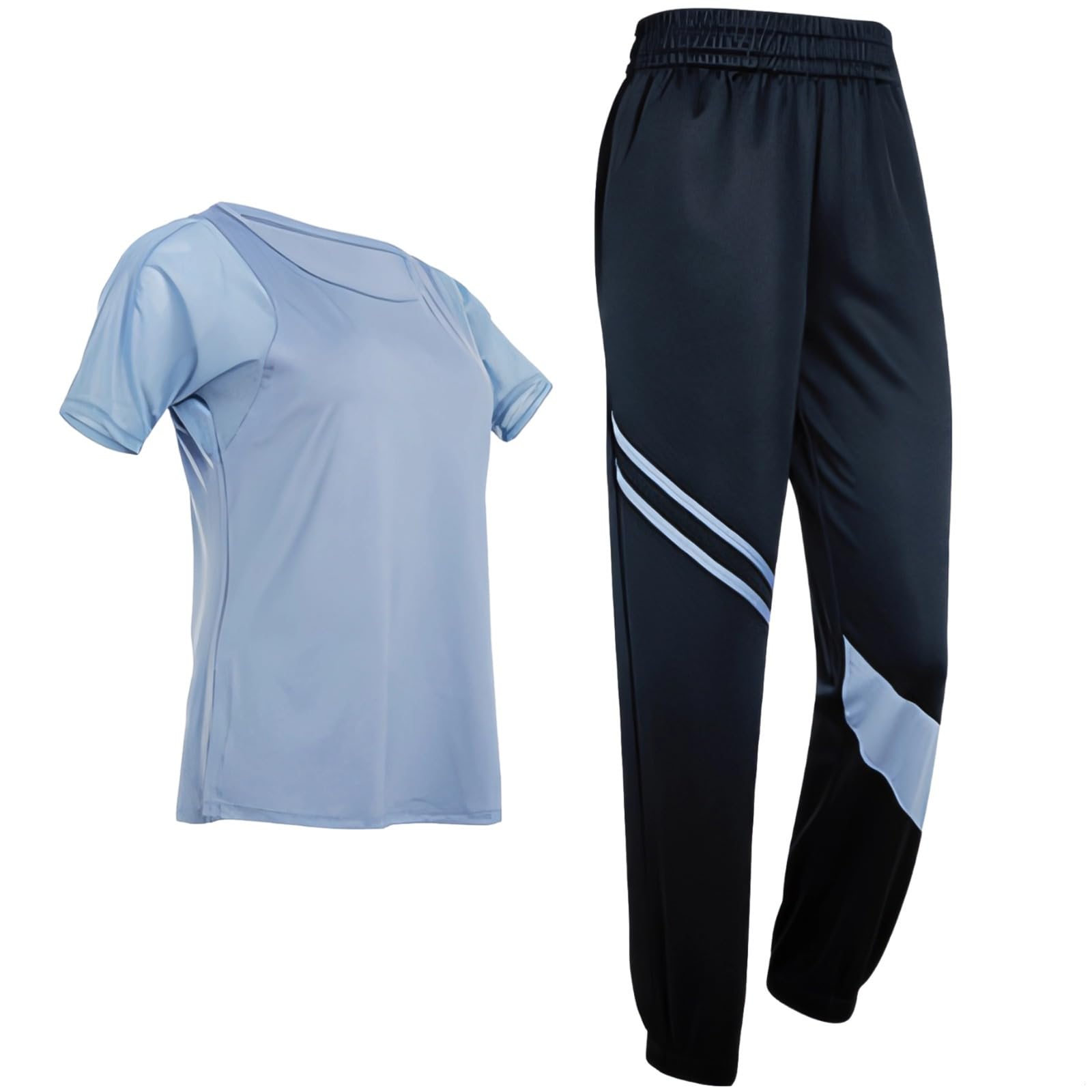 Completo da pilates nero da donna, maglia a maniche corte e pantaloni neri con elastico in vita, poliestere spandex traspirante, Blu, Taglia unica