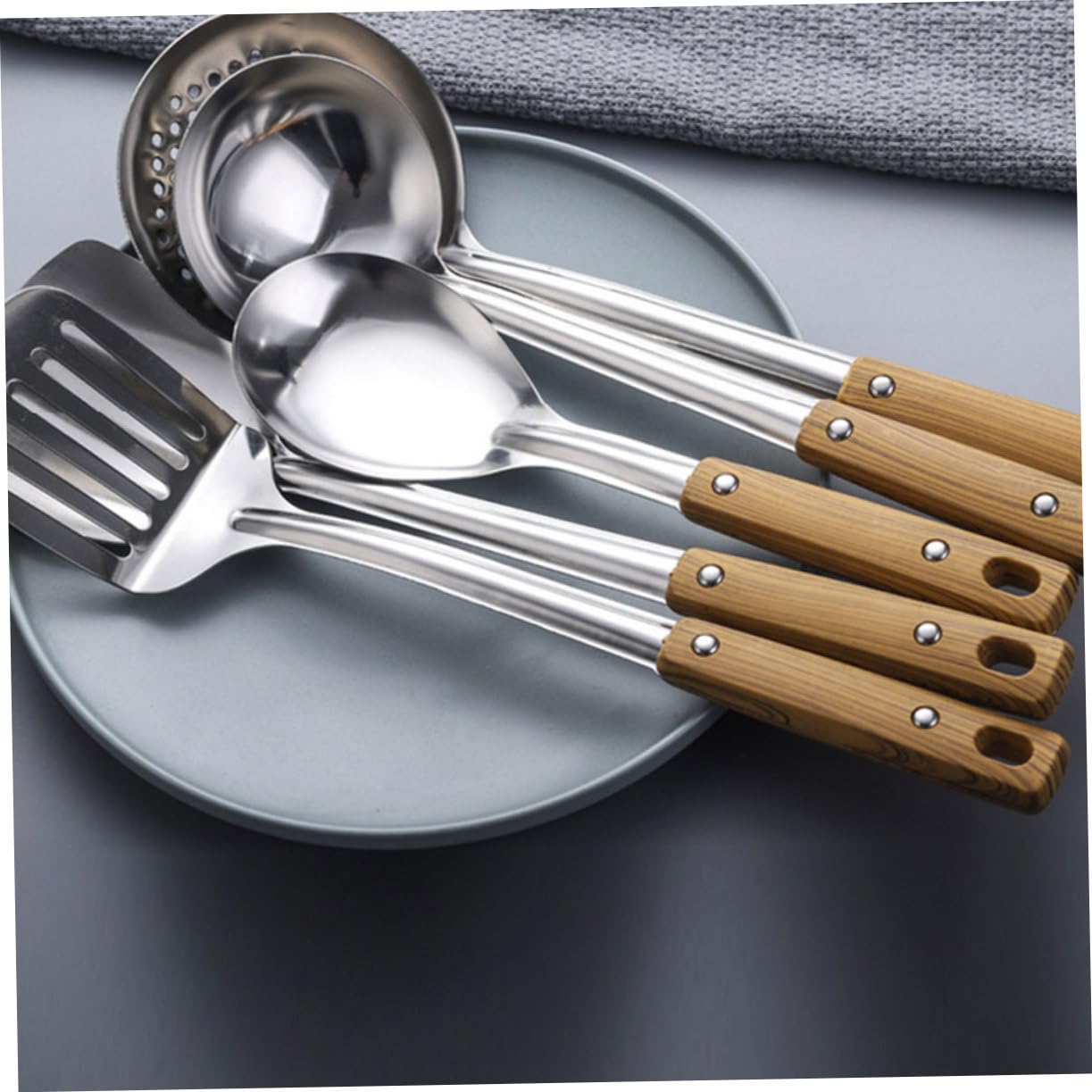 Juego de Utensilios de Cocina 5 Piezas de Acero Inoxidable y Madera
