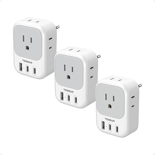 TESSAN - Paquete de 3 adaptadores de enchufe de viaje europeos, enchufe de cargador tipo C con 4 tomacorrientes, 3 USB (2 USB-C), adaptador de