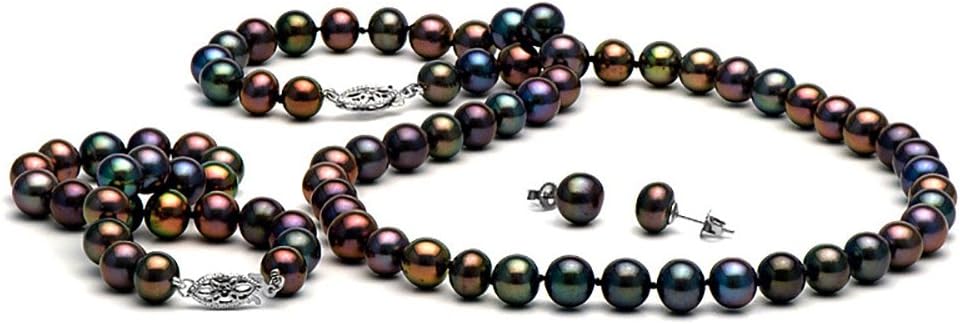 14K Cultured Black Freshwater Pearl 3-Piece Jewelry Set, 7.0-8.0mm - AA+ Quality, 18-Inch Necklace, White Gold Filigree Fish Hook Clasp