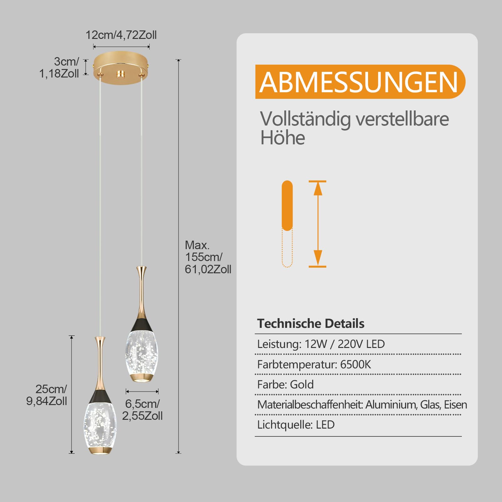 Moderne Schwarz-Gold-Hängeleuchte 2 Flammig LED-Deckenleuchten Mini Teardrop Kristall Pendelleuchte für Küche Insel Schlafzimmer Flur Eingang Hängelampe Höhenverstellbar