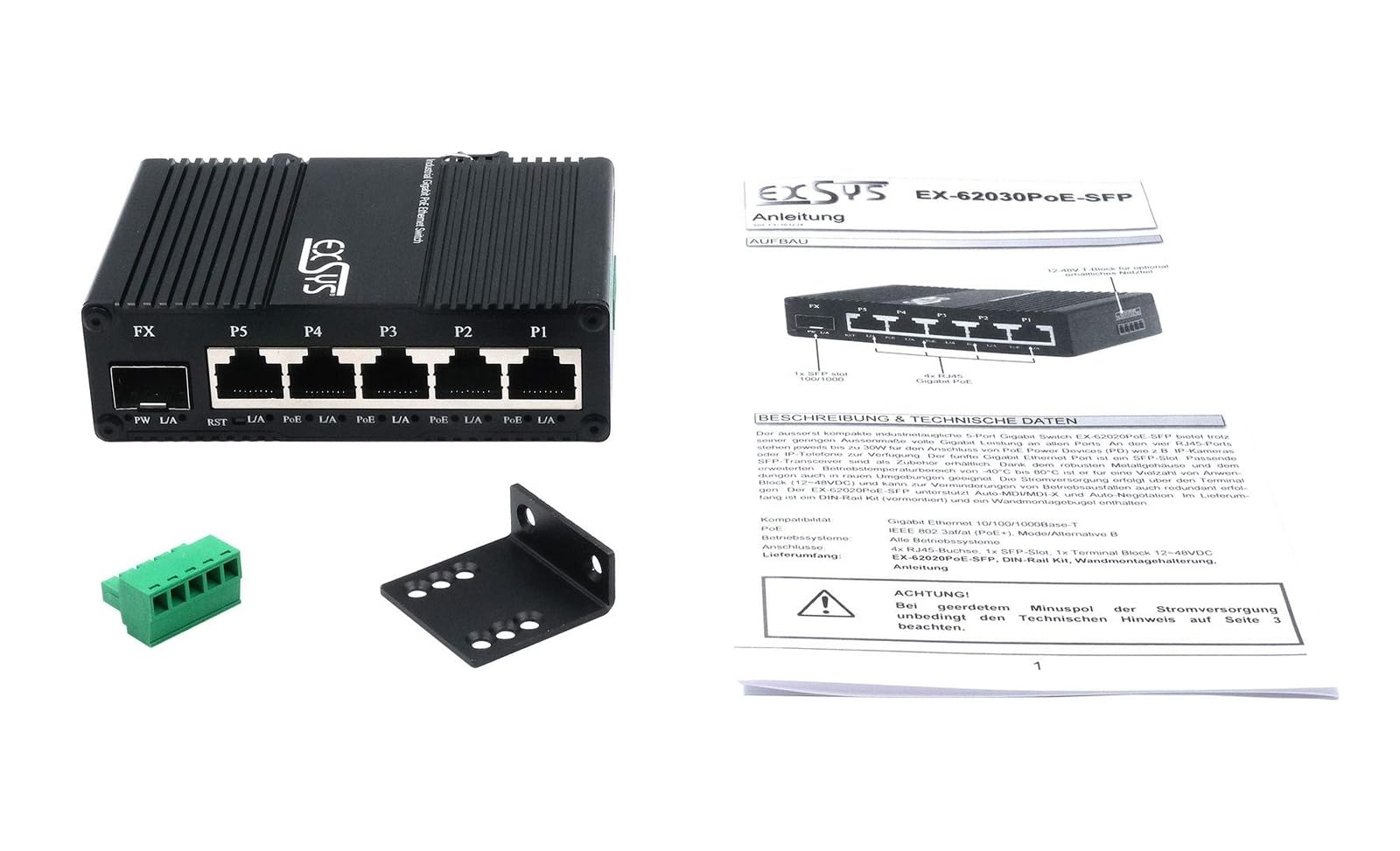 Exsys Switch 5+ Mini Industrie Gigab. 5+1xgigabit Sfp Poe+ WeB-Managed - Switch - 1-Port (eX-62030mpoE-Sfp)