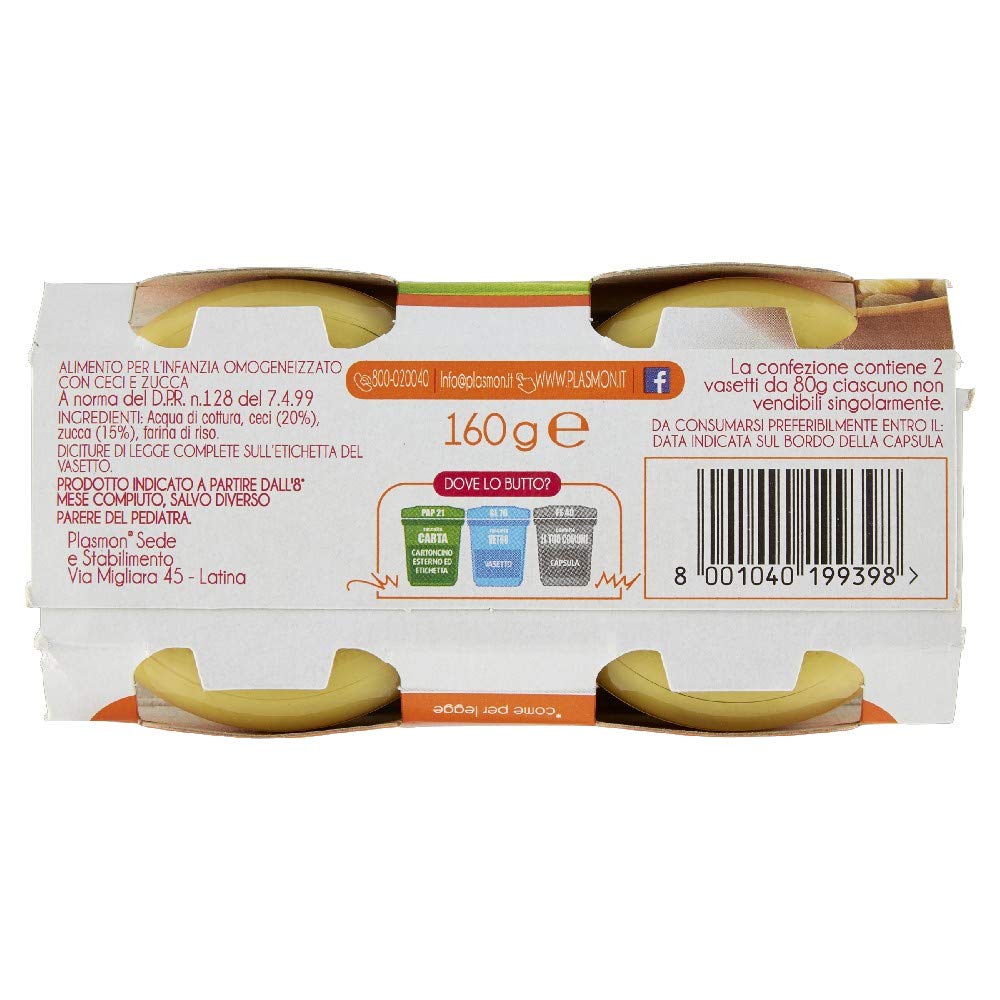 Plasmon Omogeneizzato Legumi Ceci con zucca 80g 24 Vasetti Con Ingredienti selezionati, 100% naturale, senza amidi e sale aggiunti