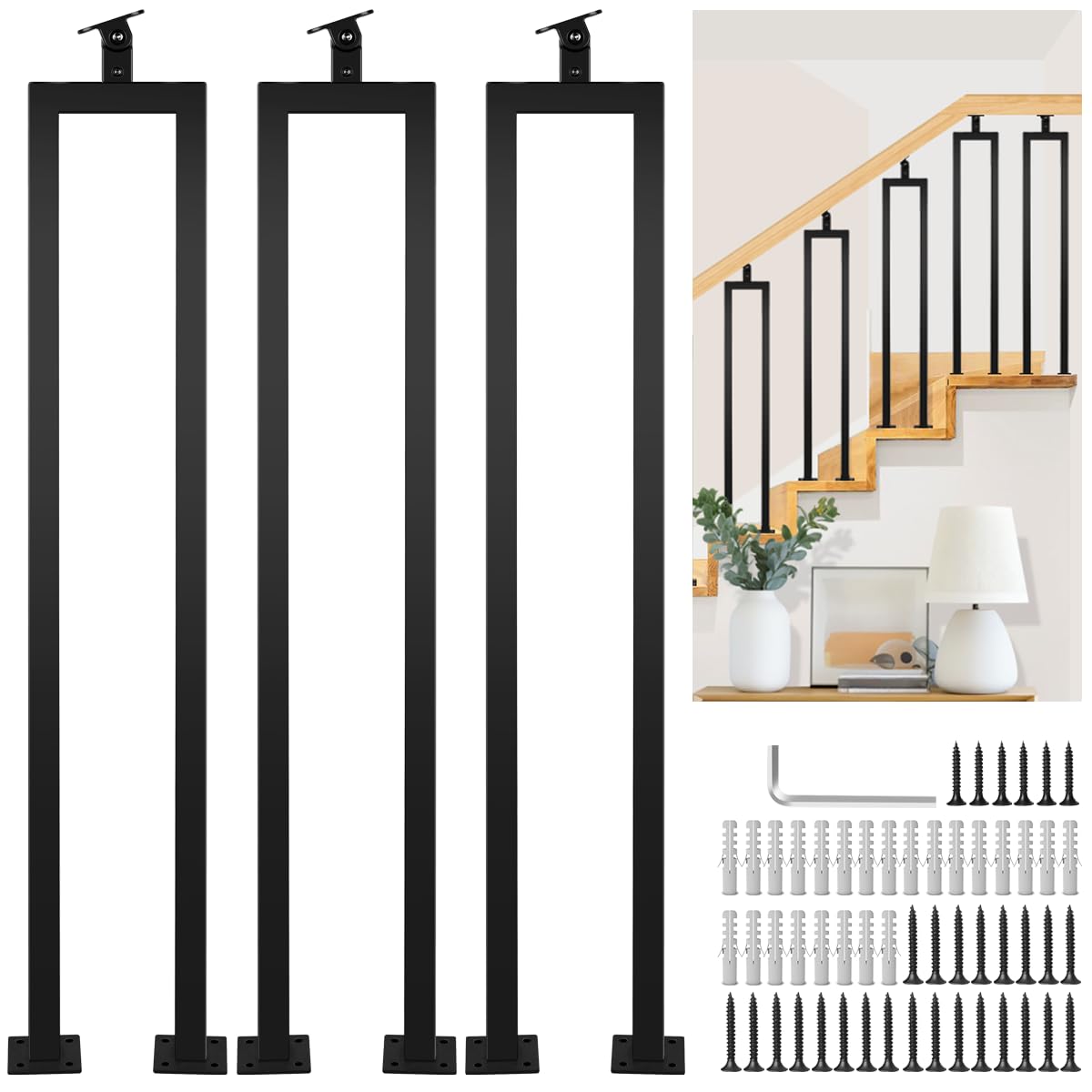 3 Pack U Shape 36" Stair Balusters with Adjustable Top Bracket for Staircase Interior, Baluster for Stair Handrail Porch Deck Railing Outdoor Steps by LukLoy 36" Black 3