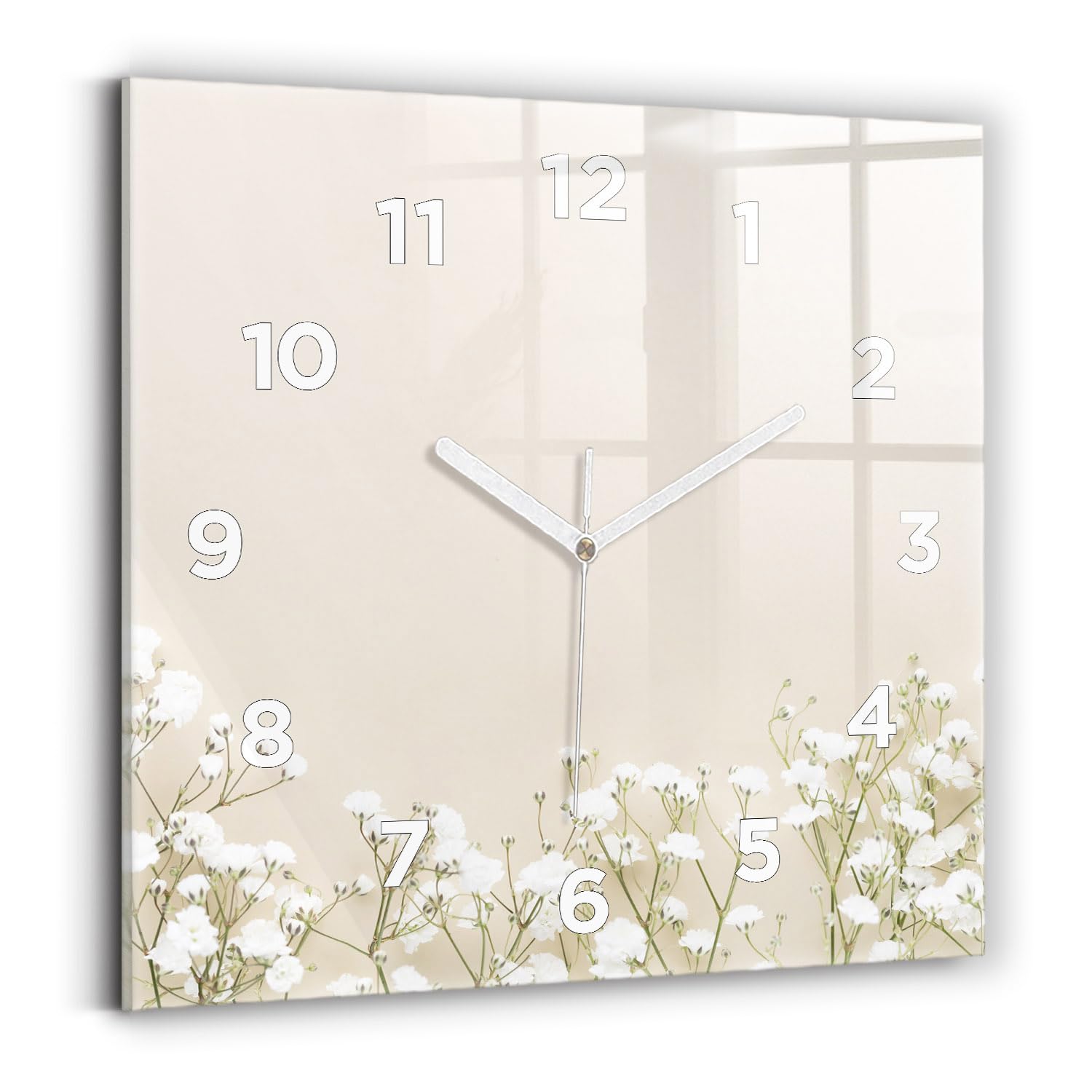 Horloge carrée 30x30 cm moderne avec mécanisme silencieux et motif fleurs en plâtre