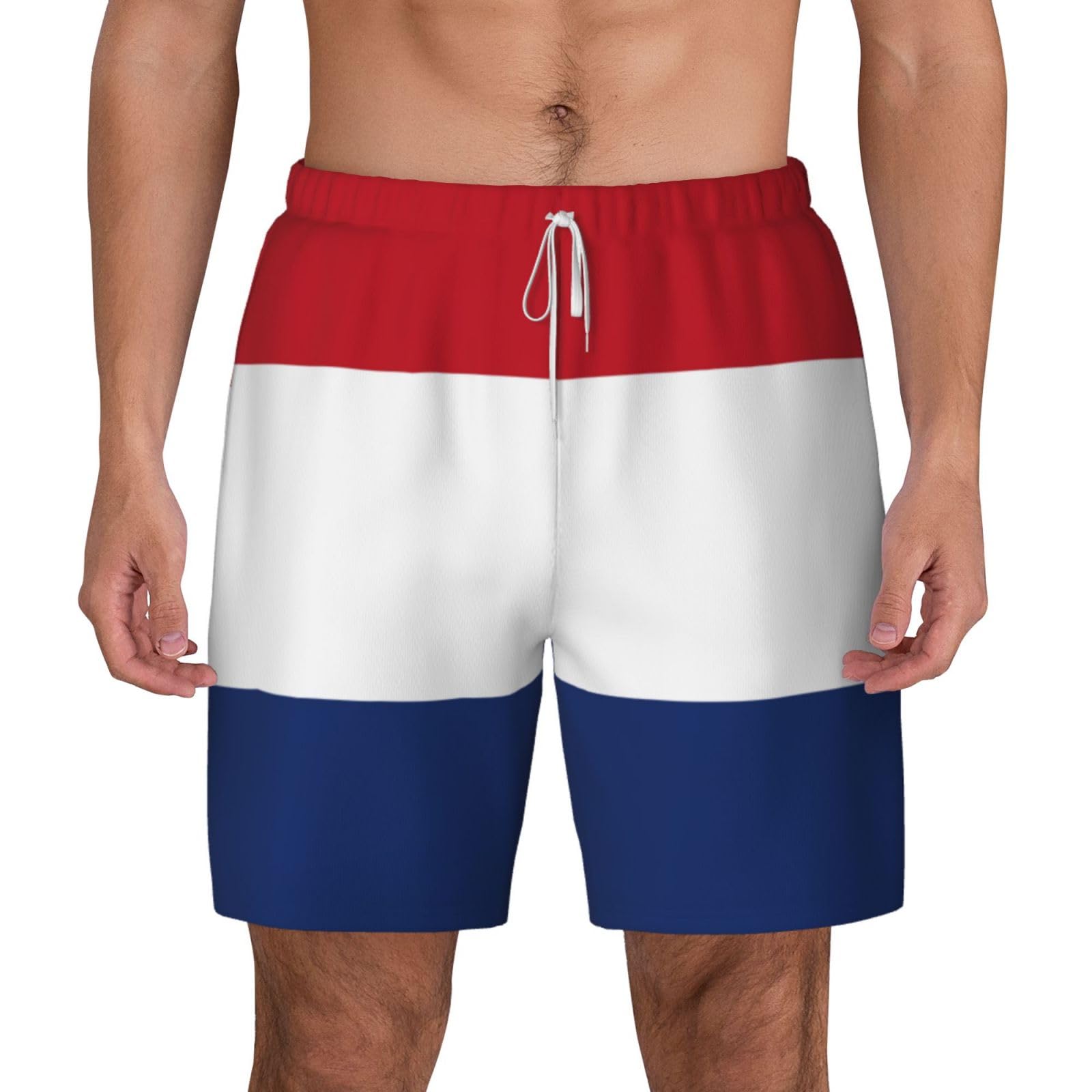 fifbird Dutch Flag Print Men's Bwim Trunks Beach Shorts with Compression Liner Chafe Quick Dry White
