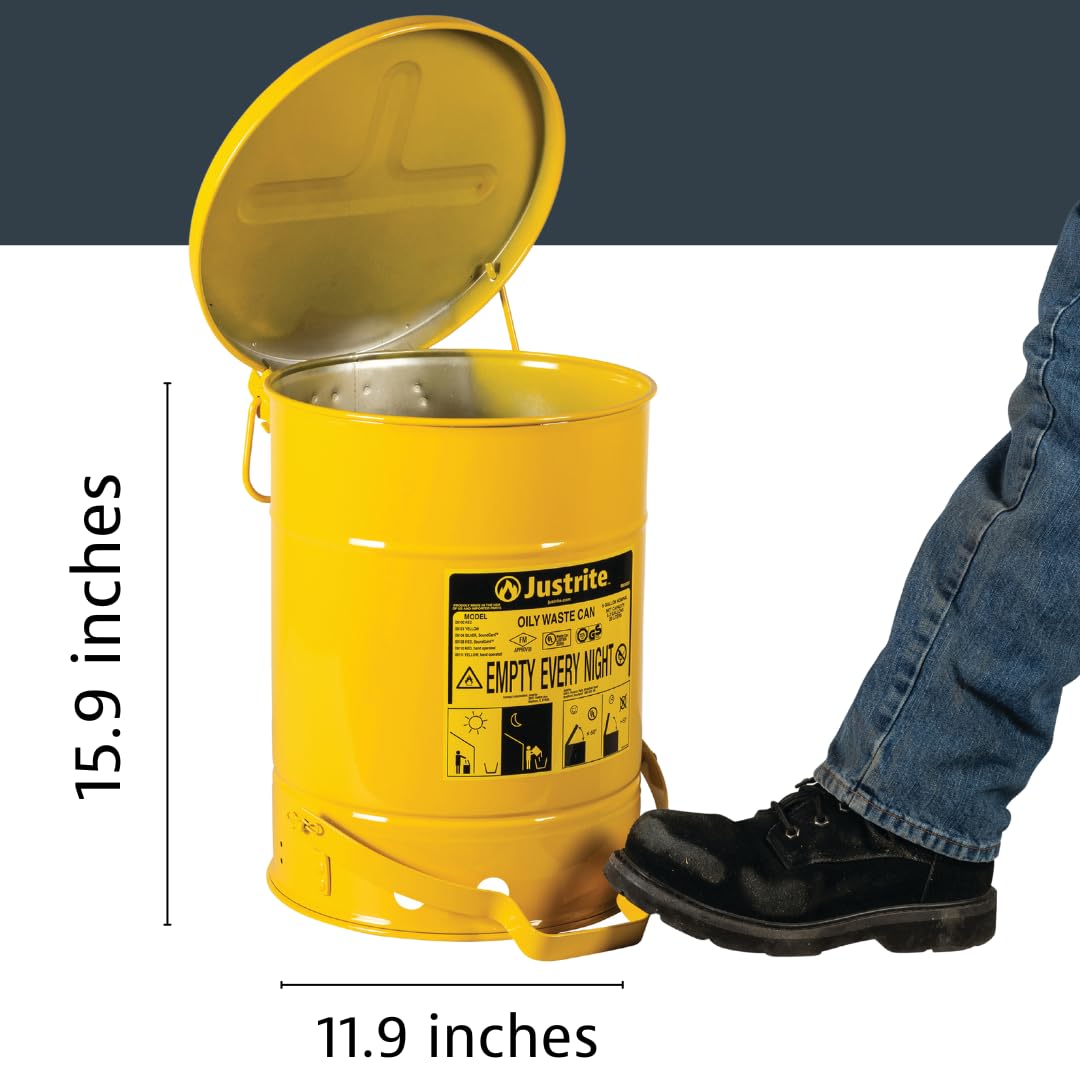 justrite 6 gallon galvanized steel oily waste can, 16" x 12" metal oil rag safety can with foot operated self-closing lid for oil rag disposal, made in the usa, yellow, 09101 yellow 6 gallon foot-operated lid
