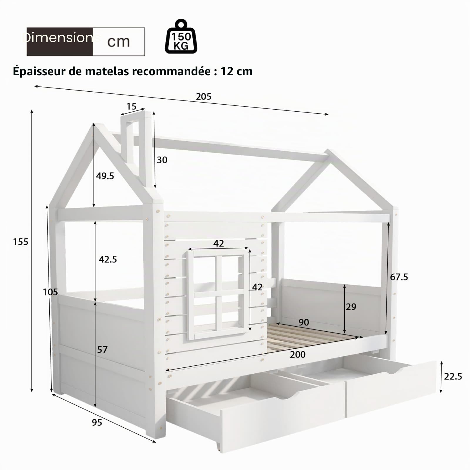 KOMHTOM Lit Cabane en Bois lit d'enfant avec 2 Tiroirs de Rangement Cadre de Lit Support à Lattes pour Filles et Garçons, Blanc(sans Matelas) (90x200cm)