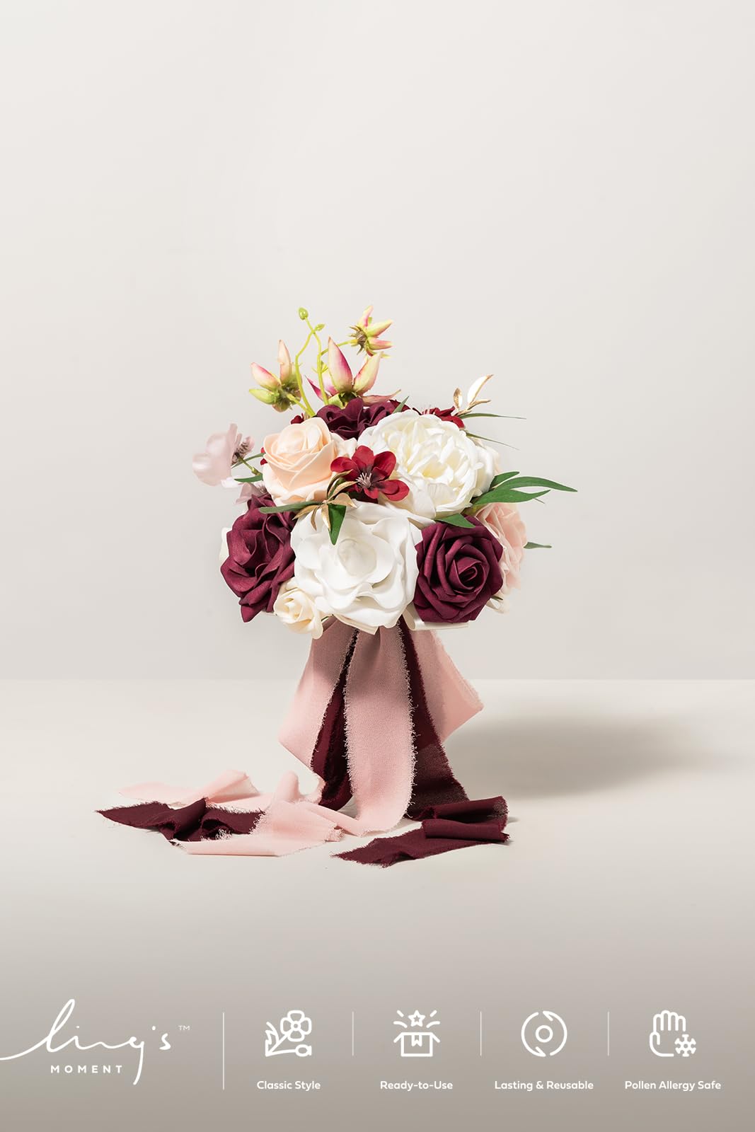 Ling's Moment Artificial Bridesmaid Bouquet - 7 Inch Marsala Red & Blush Silk Wedding Flowers