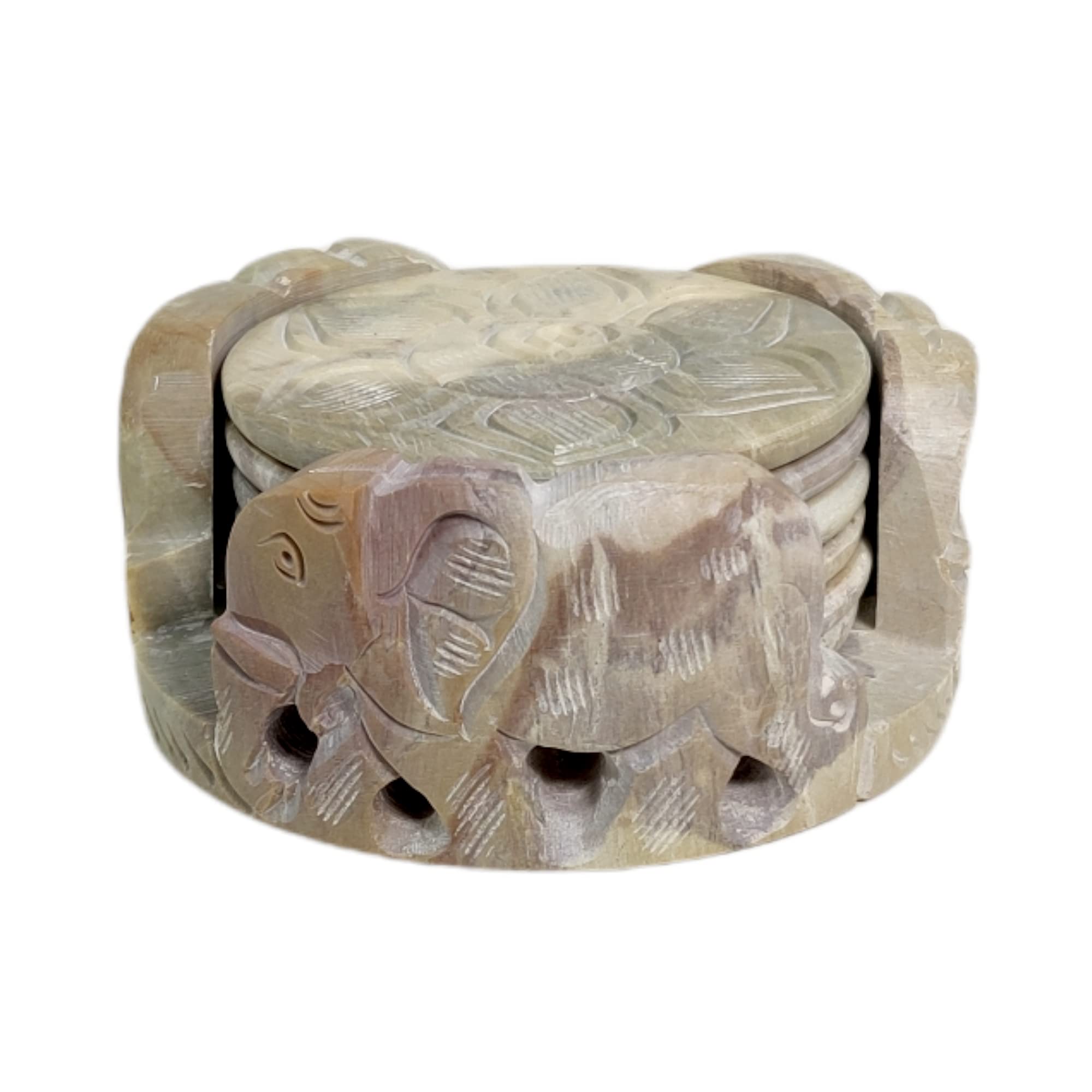 Hashcart Drink Coasters - Soapstone Elephant Coasters with Holder Set of 6 - Coffee Table Coasters, Absorbent Coaster, Marble Hand Carved Coasters Set