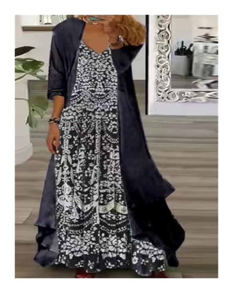 Vestido Mujer Dos Piezas Boho Floral Vestido Largo De Gasa con Cárdigan Talla Grande Elegante para Invitadas De Boda Y Uso Casual Q
