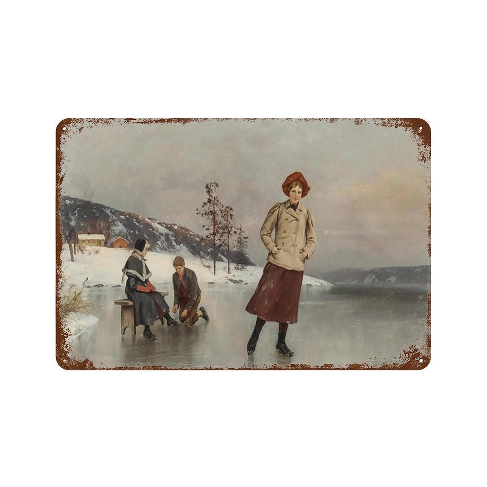 xiaoxiaoshen Vintage Ice Skating Painting_ 19th Century Winter Scene Wall Decor Art Metal Tin Poster Modern Home Decor Art Home Bar Shop Decorations Vintage Sign 20x30cm