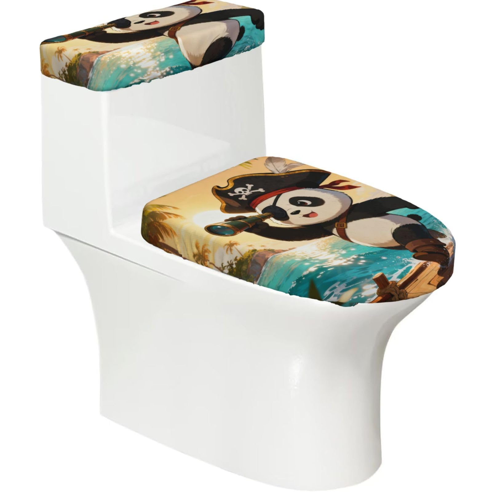 Panda Pirate Eye Elastic Toilet Cover Set of 2-Stretchy Lid and Tank Covers for Bathroom, Soft Washable U Shape Toilet Decor