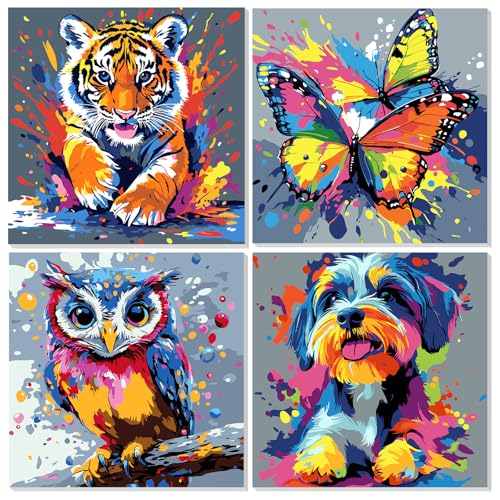 MAXBYE 4 Pack Paint by Number for Kids, Paint by Numbers for Kids Ages 8-12, Cute Animals Paint by Numbers Kits Children Beginner, DIY Acrylic Oil Painting for Home Wall Decor 8x8in