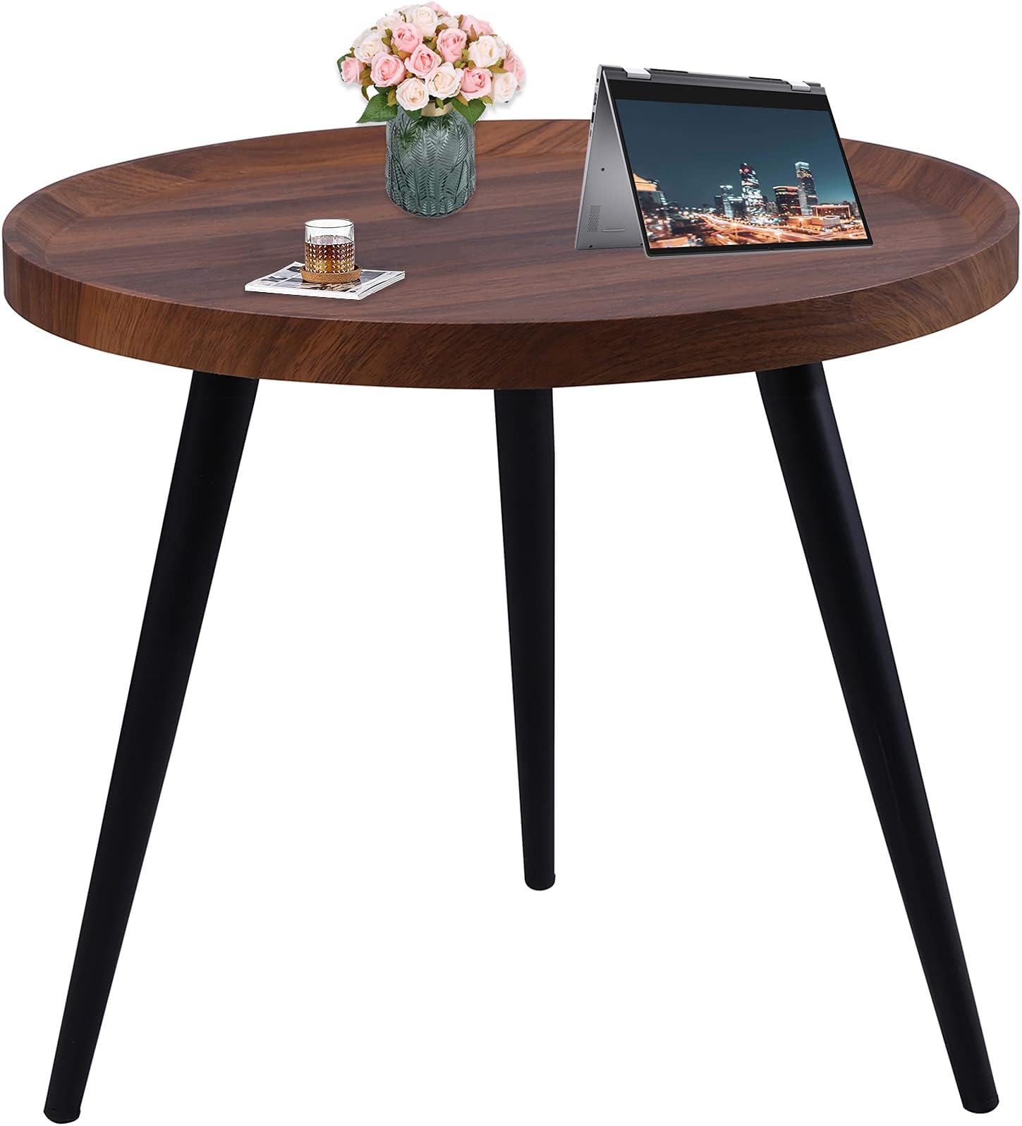 Round Coffee Table End Table Side Cafe Table with Metal Legs Mid Century Industrial Accent Wood Walnut Decorative Waterproof for Small Spaces Living Room Office Easy Assembly (Dia. 15.75 in), Black Walnut Color, 40CM