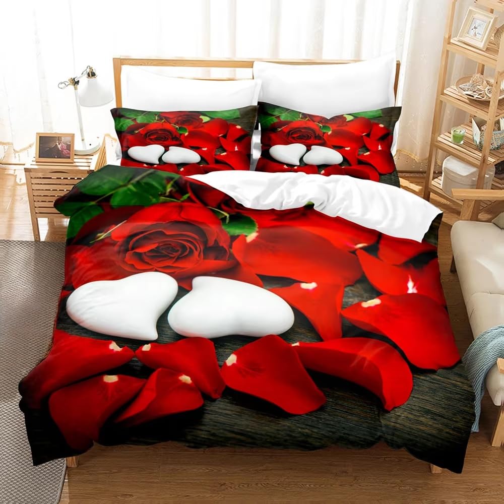 Housse de couette motif cœur blanc et roses rouges en microfibre 140x200 cm