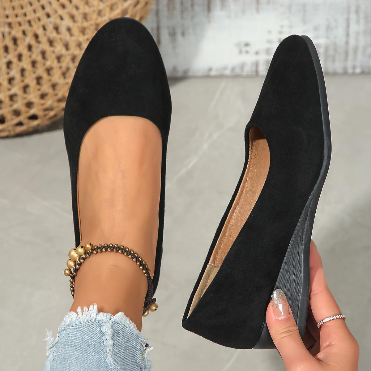 Zapatos de cuña cómodos para mujer, ligeros, no deslizantes, de tacón bajo, con cuña, informales, para trabajar, bailarina y corte