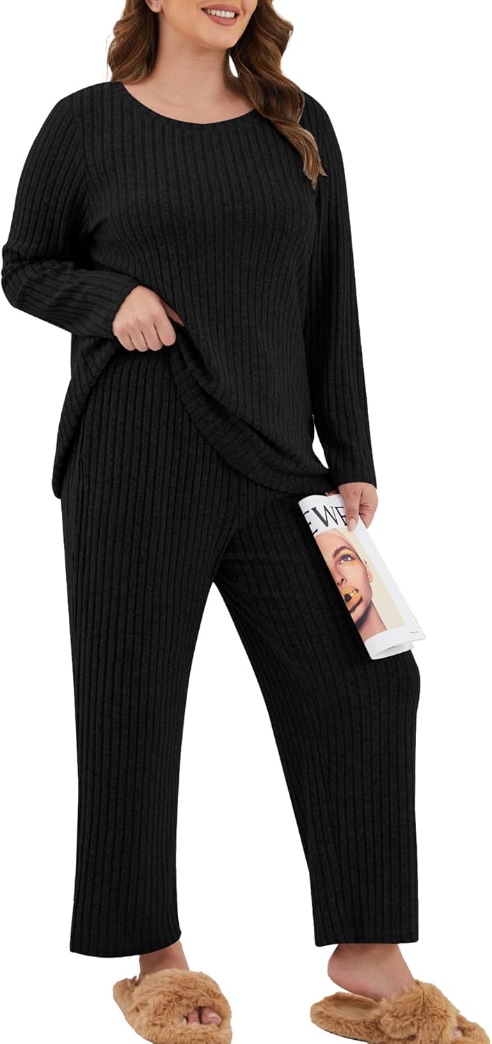 Womens Plus Size Lounge Pajamas 2 Piece Pj Sets Soft Long Sleeve Ribbed Tops Wide Leg Pants with Pockets