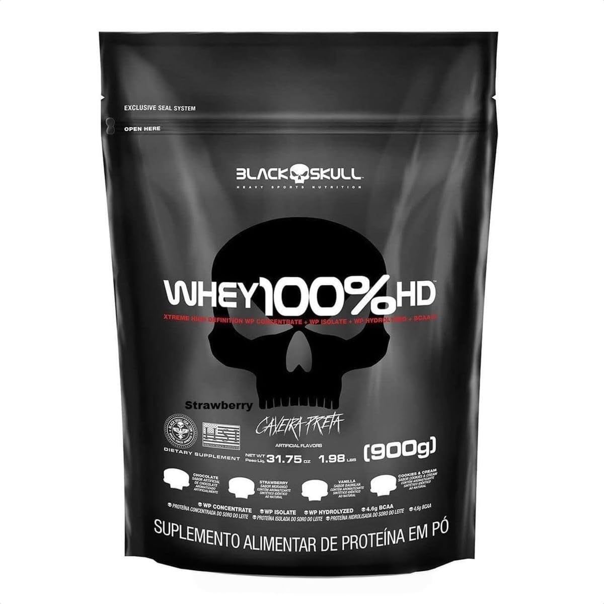 Whey 100% Hd – 900G Refil Morango, Black Skull