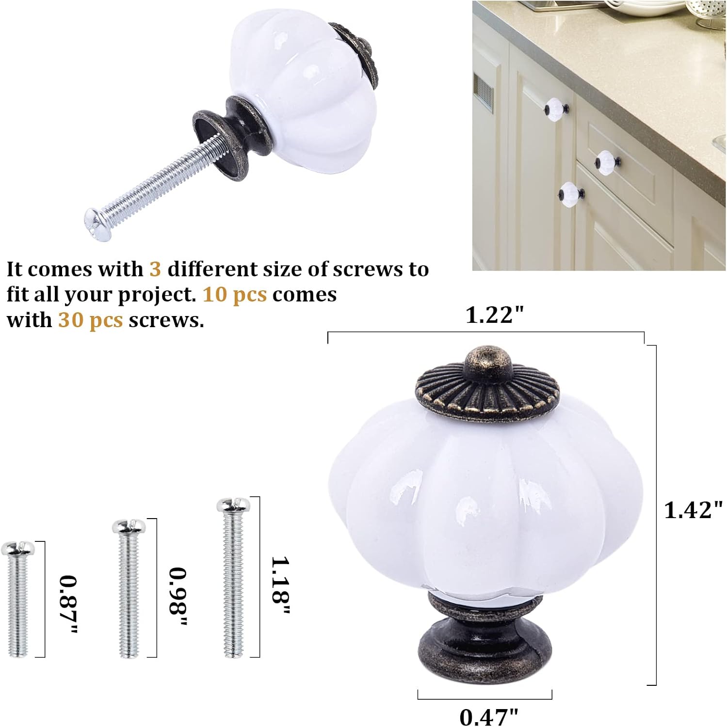 IEIK Acrylic Pumpkin Knobs, White Cabinet knobs Set of 10 Vintage Decorative Handles Pulls for Doors, Closet, Drawers, Dresser, Cupboard, Kitchen Furniture or Kids Room