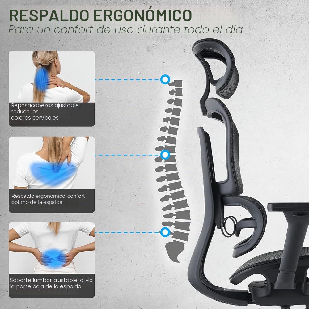 Waytex Draconis - Silla de Oficina ergonómica, Silla de Oficina de Malla Transpirable, apoyabrazos Ajustables 3D, reposacabezas Ajustable, Soporte Lumbar Ultra cómodo, Color Negro