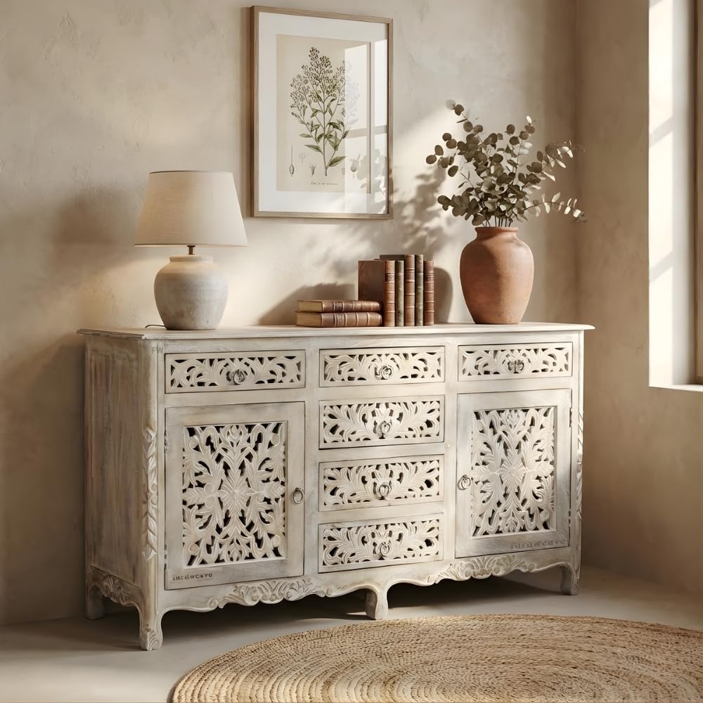 FURNWEAVE Solid Wooden Sideboard TV Cabinet for Storage | Unique Rustic Furniture Piece for Living Room, Bedroom | Sideboard TV Cabinet for Home Decor | Two Door and Six Drawers | Solid Wood-image-47