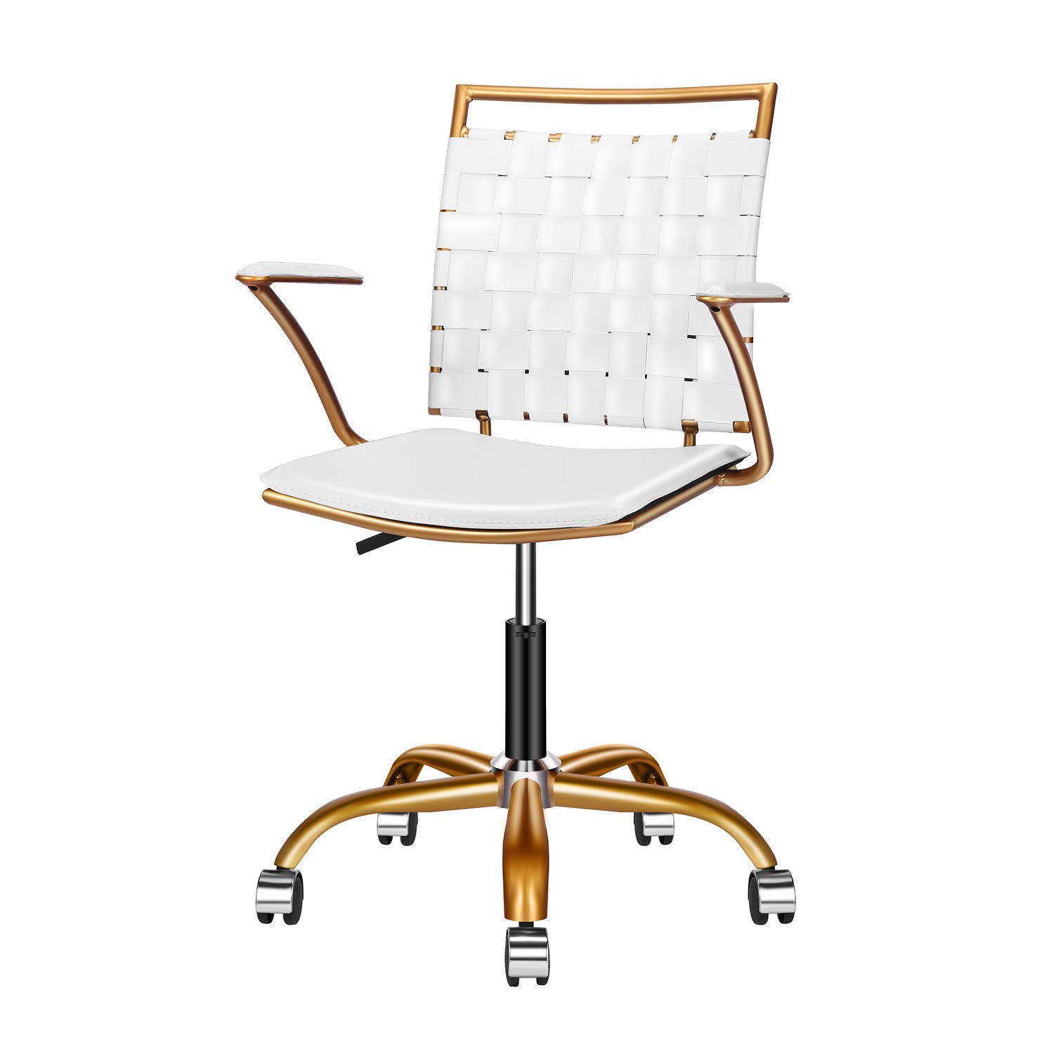 LUXMODVanity Mid Back Swivel Desk Chair - White Leather, Gold, Lumbar Support